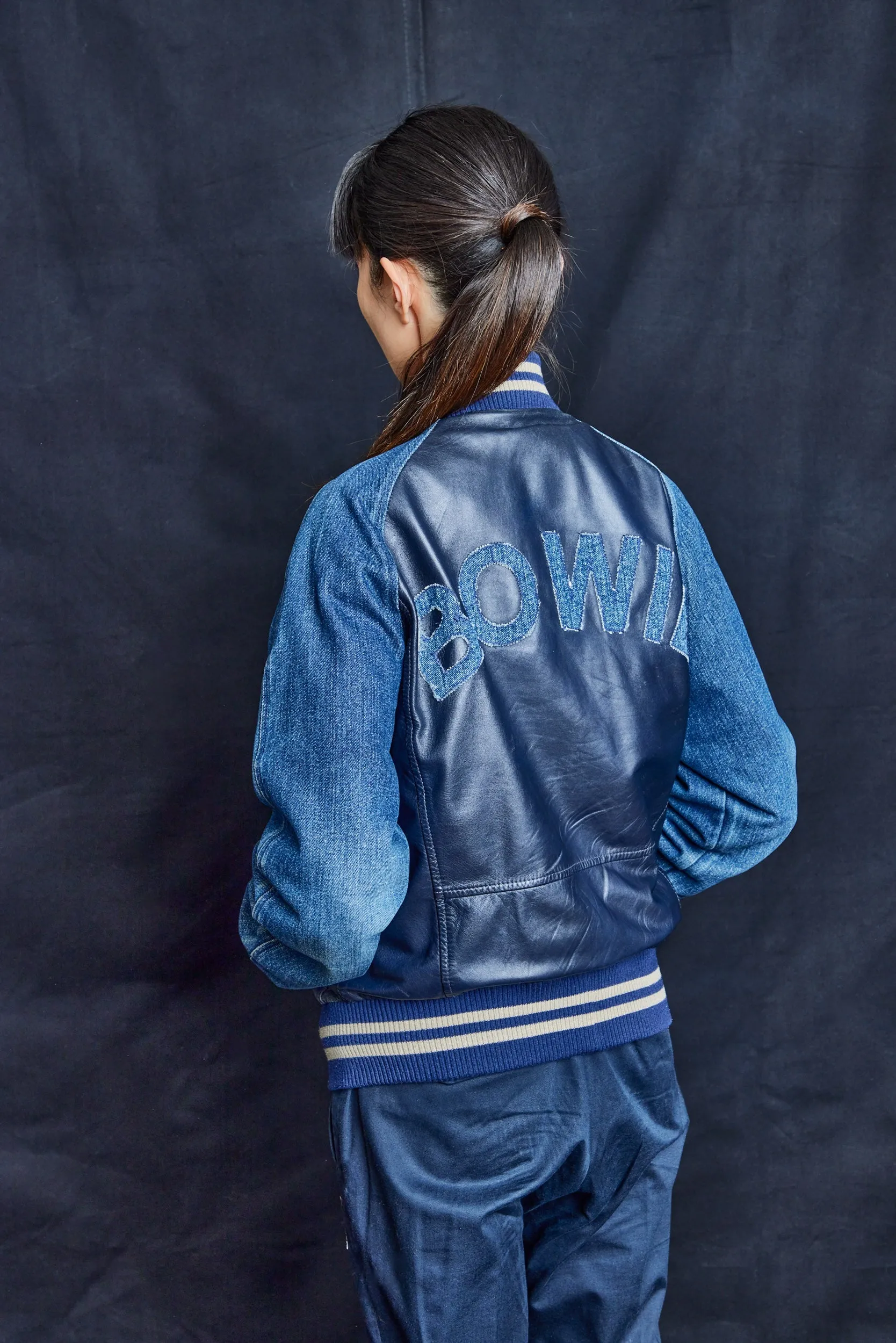Bowie Denim and Leather Varsity Bomber Jacket
