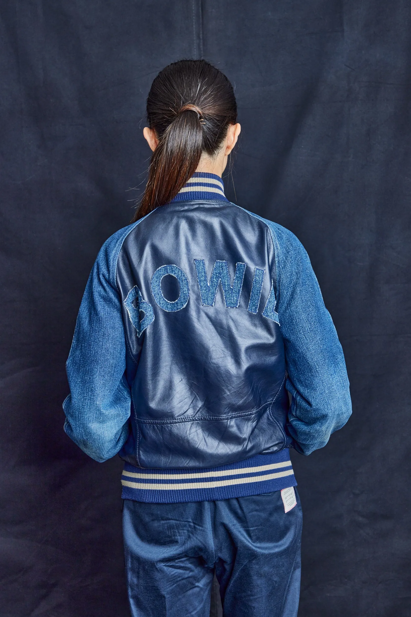 Bowie Denim and Leather Varsity Bomber Jacket