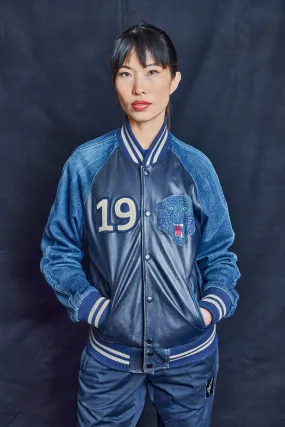 Bowie Denim and Leather Varsity Bomber Jacket