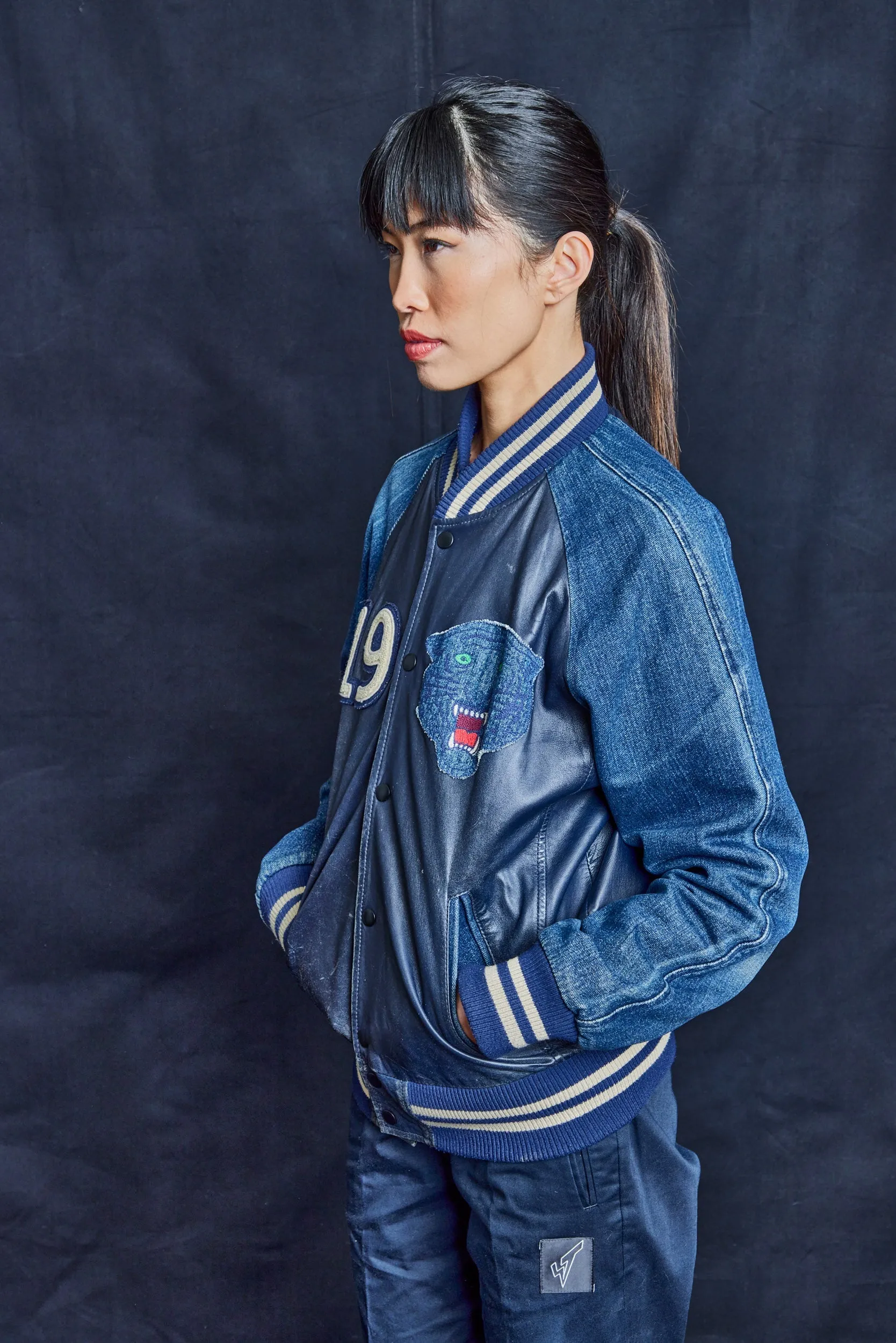 Bowie Denim and Leather Varsity Bomber Jacket