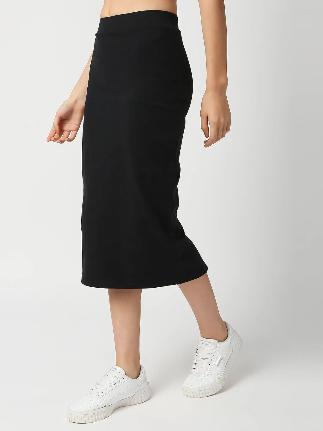 Disrupt Women Black Back Slit Slim Fit Midi Skirt