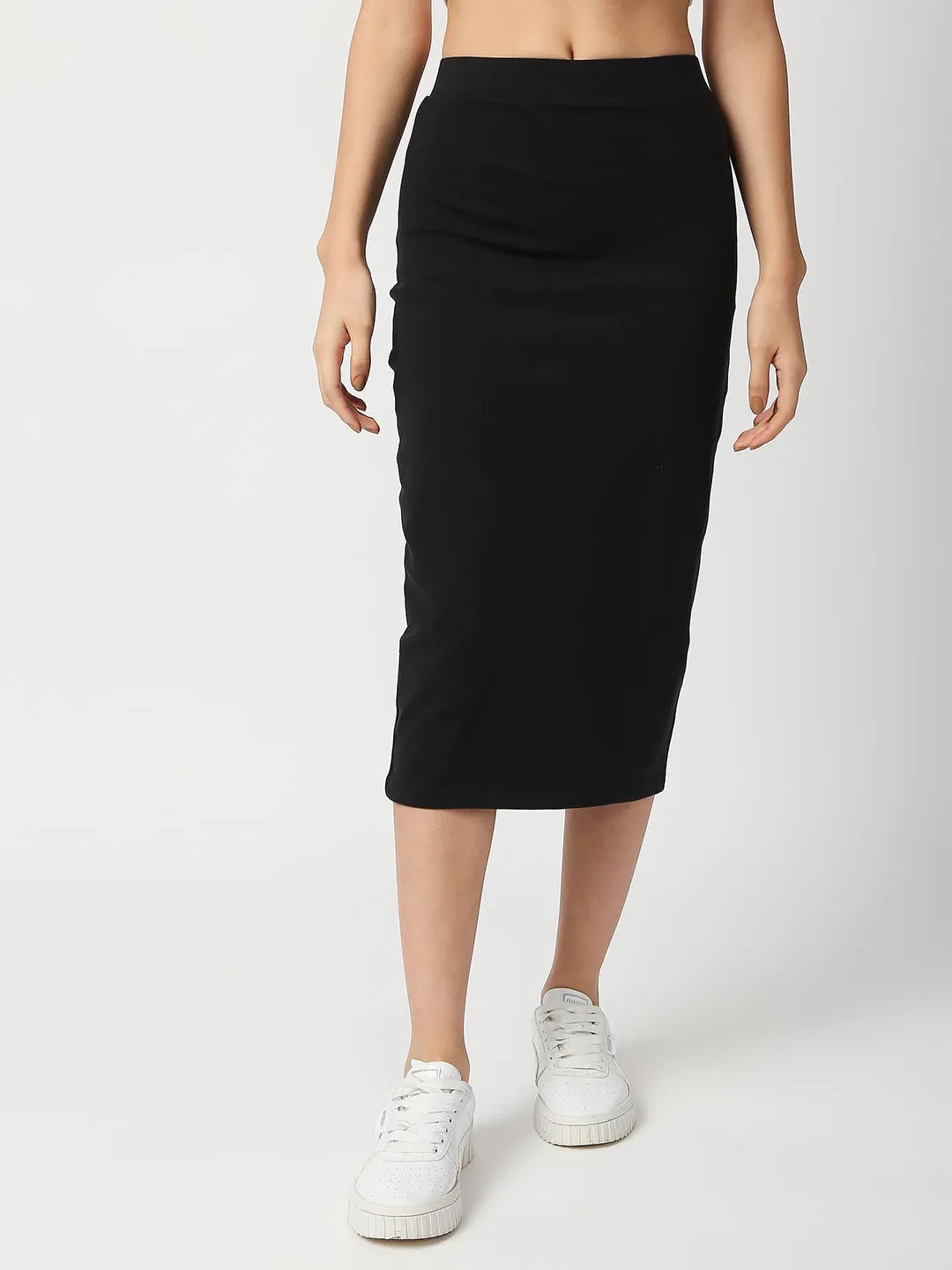 Disrupt Women Black Back Slit Slim Fit Midi Skirt