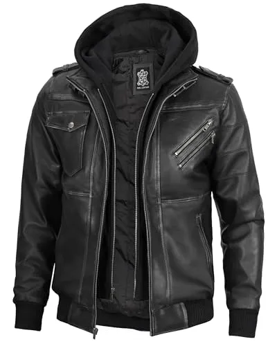Hooded Leather Jacket Men  Bomber Leather Jackets For Men With Removable Hood