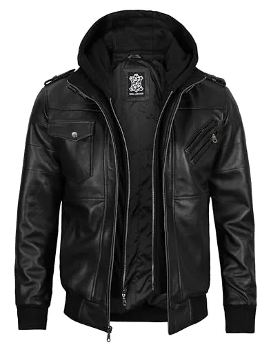 Hooded Leather Jacket Men  Bomber Leather Jackets For Men With Removable Hood