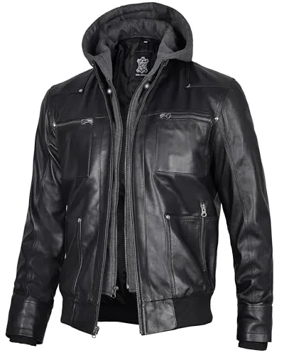Hooded Leather Jacket Men  Bomber Leather Jackets For Men With Removable Hood