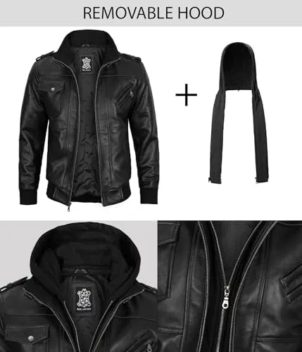 Hooded Leather Jacket Men  Bomber Leather Jackets For Men With Removable Hood