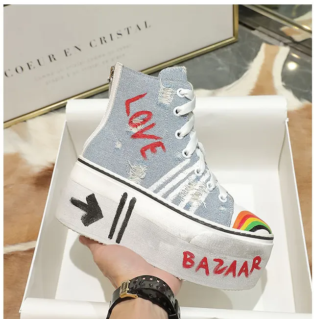 JENNIFER BAZAAR DENIM GRAFFITI CHUNKY SOLE HIGH TOP SNEAKER