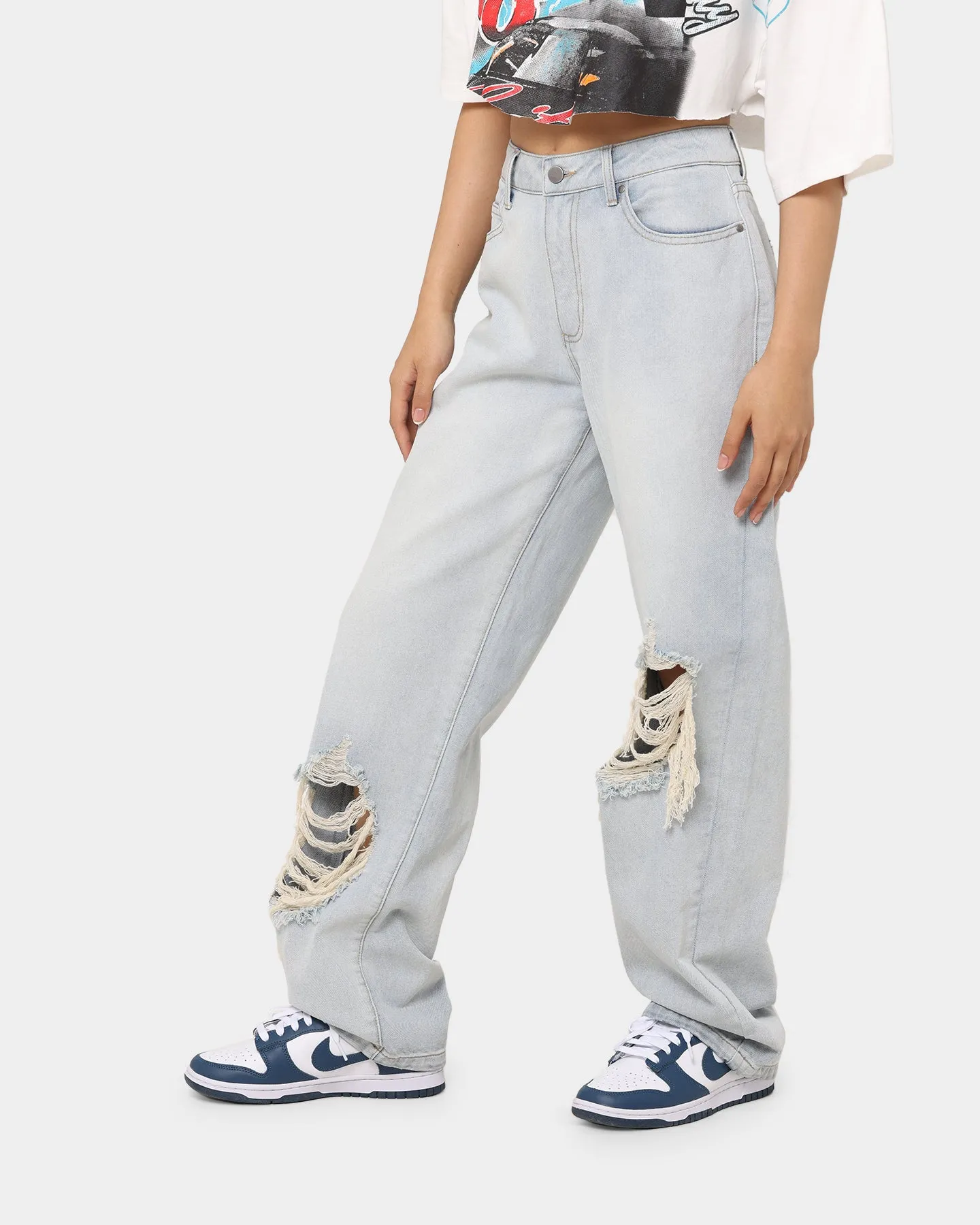 MNML Women's Baggy Distressed Jeans Vintage Blue