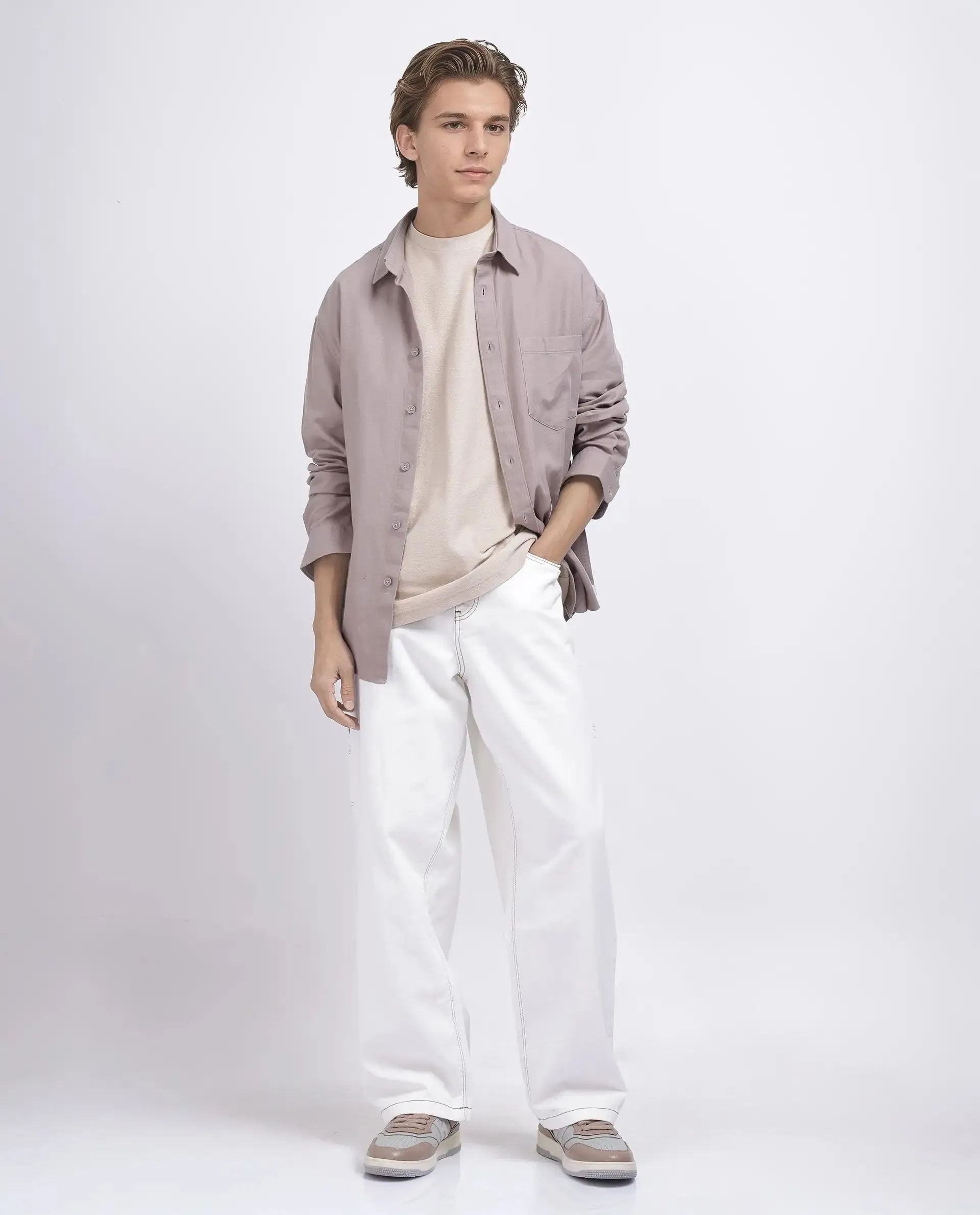 Rare Rabbit Men Cade White Cotton Fabric Button And Zip Closure Baggy Loose Fit Plain Jeans