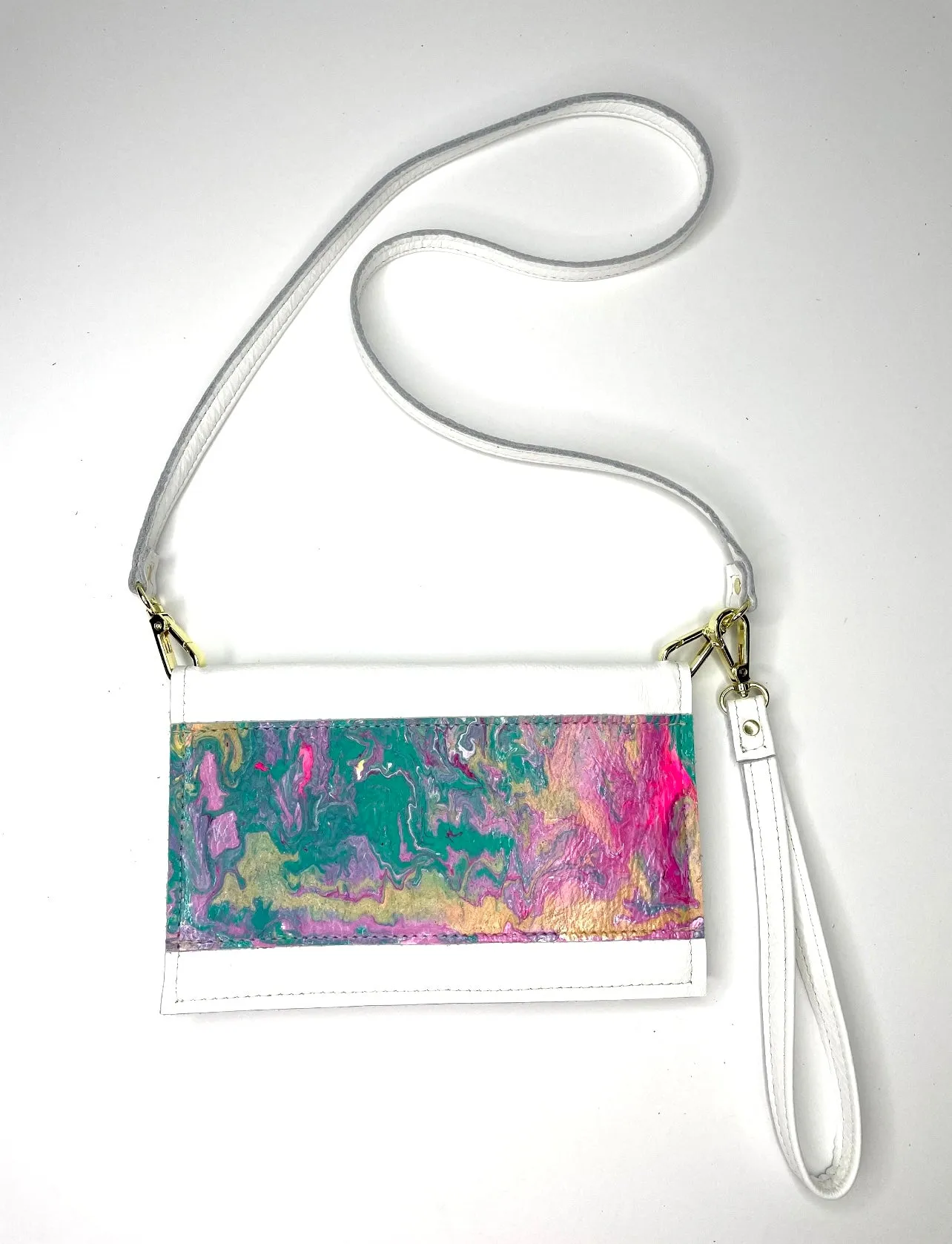 Small Crossbody Kaleidoscope white with pink, green, and gold