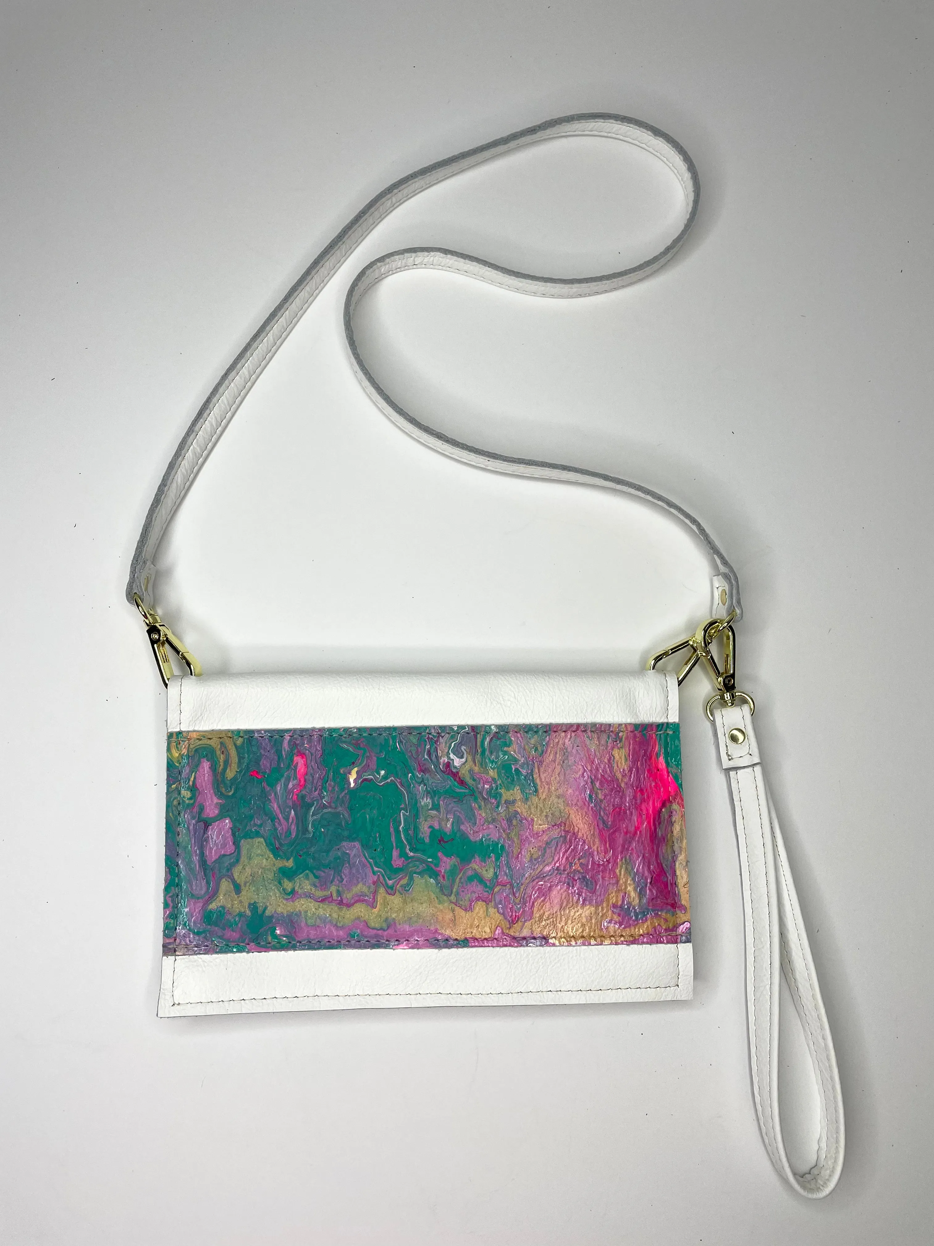 Small Crossbody Kaleidoscope white with pink, green, and gold