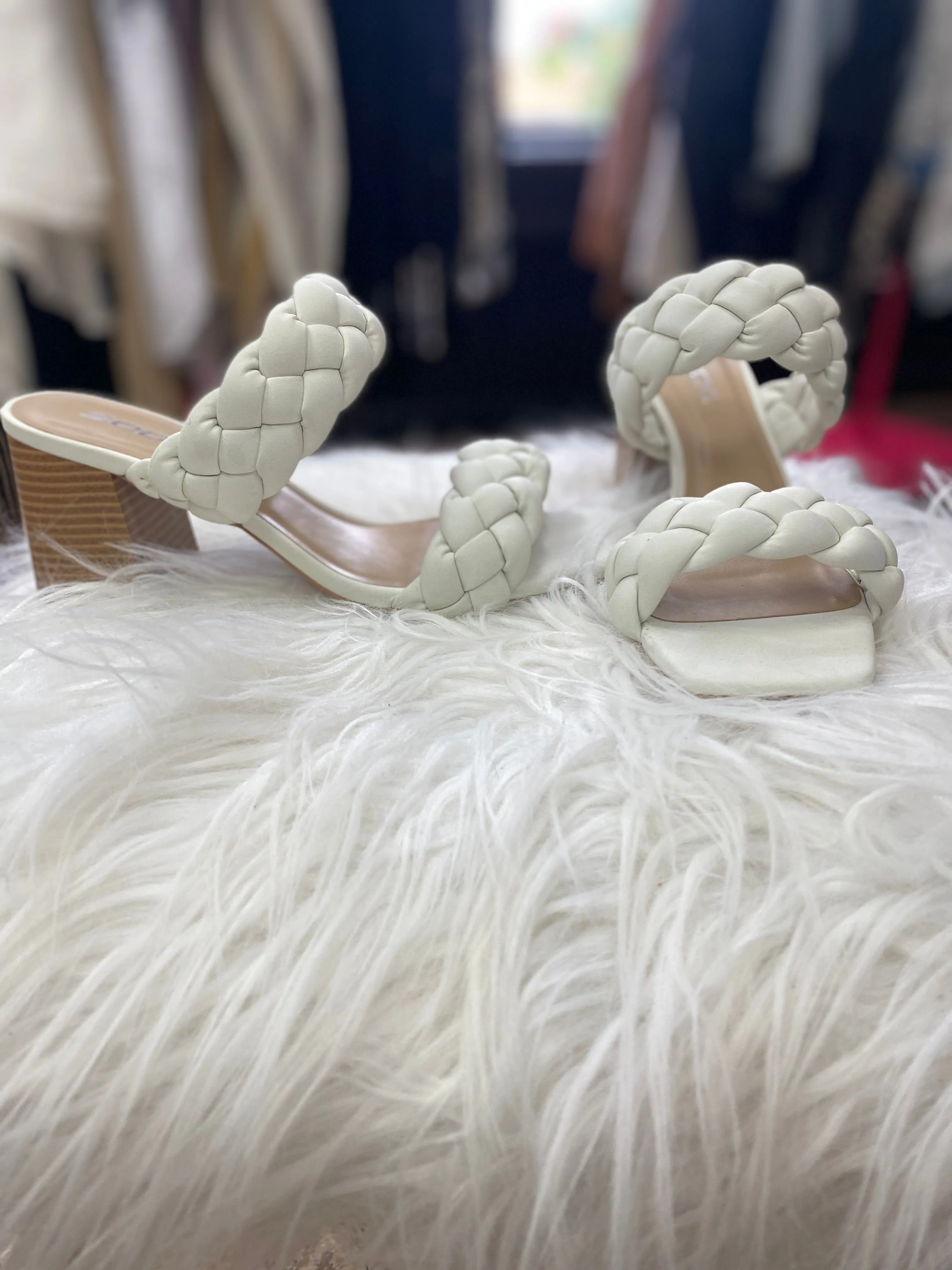 White Braided Chunky Heel Sandal